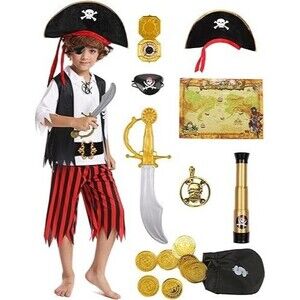 Kids Pirate Captain Halloween Role play, Cosplay Dress up Deluxe Costume 9-10Yr